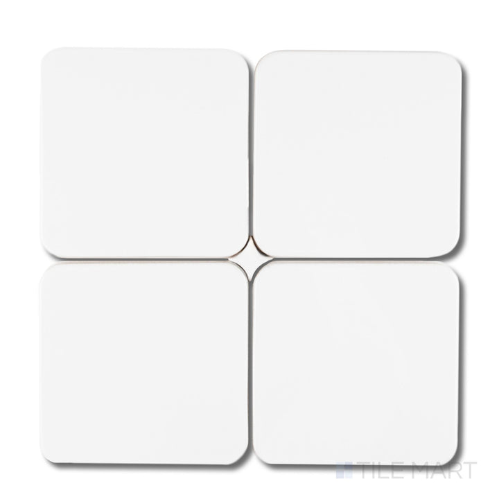 Curves Halo Ice 6x6 glossy ceramic tiles shown in a four-tile layout, featuring cool white finish, glossy texture, and gently rounded corners