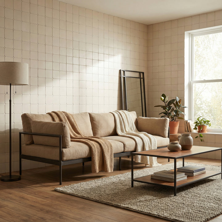 Styled interior featuring Curves Halo Ivory 6x6 glossy ceramic tile, emphasizing its smooth ivory finish and polished surface