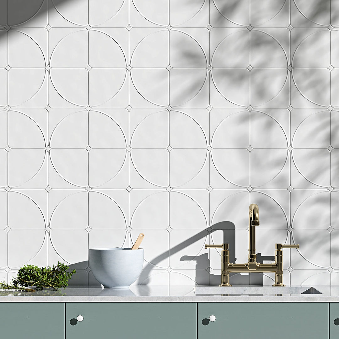 Real-life setting with Curves Mandala Ice 6x6 glossy ceramic tile, highlighting its cool tones and intricate pattern in a serene, modern design