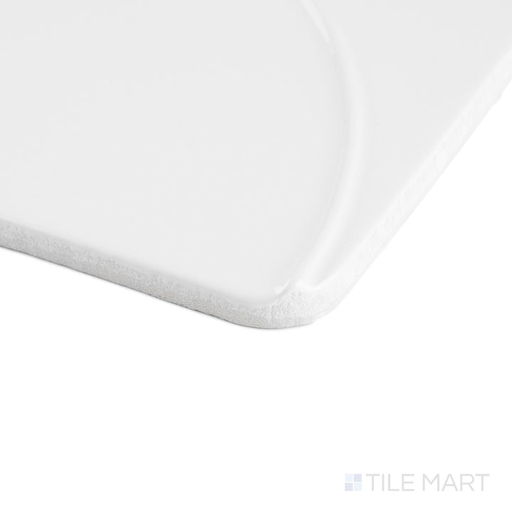 Corner view of Curves Mandala Ice 6x6 glossy ceramic tile, emphasizing the crisp icy tone and precise edge detailing of the patterned surface