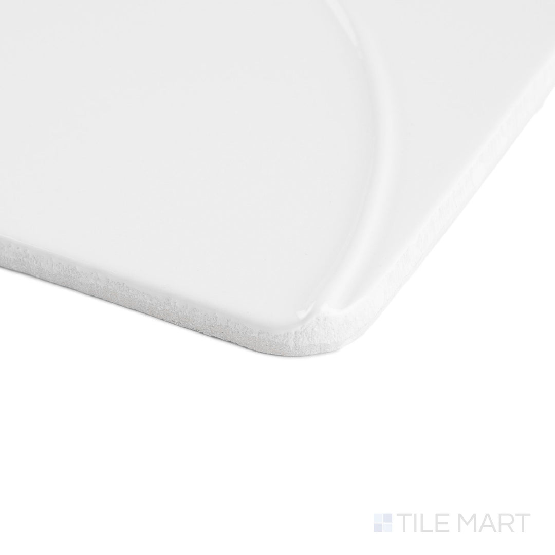 Corner view of Curves Mandala Ice 6x6 glossy ceramic tile, emphasizing the crisp icy tone and precise edge detailing of the patterned surface