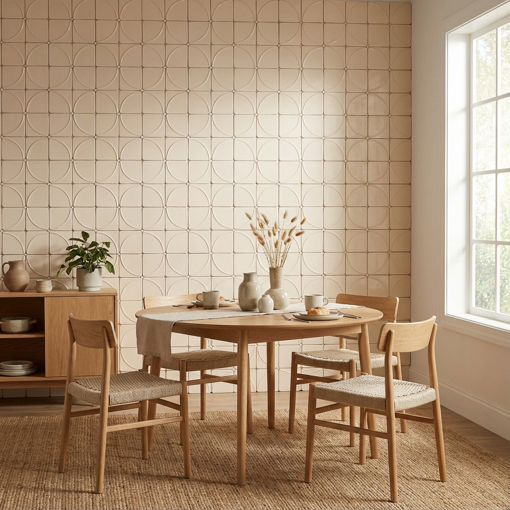 Installed space showcasing Curves Mandala Ivory 6x6 glossy ceramic tile with decorative mandala detailing and a clean ivory glaze