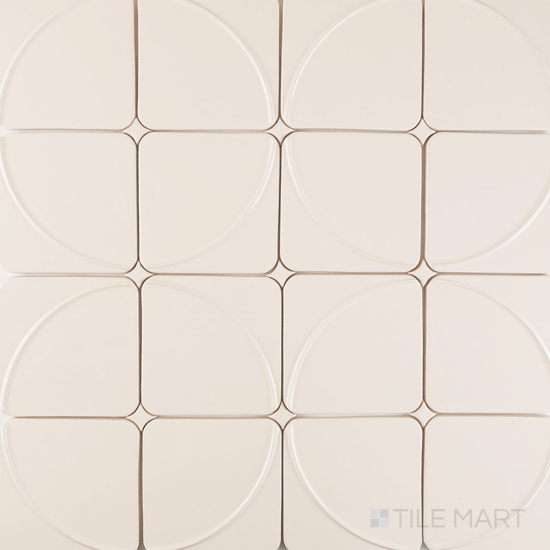 Full layout of Curves Mandala Ivory 6x6 glossy ceramic tile with intricate mandala pattern in a soft ivory finish