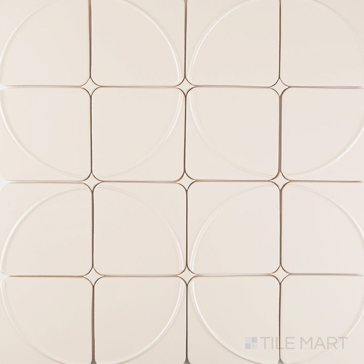 Full layout of Curves Mandala Ivory 6x6 glossy ceramic tile with intricate mandala pattern in a soft ivory finish