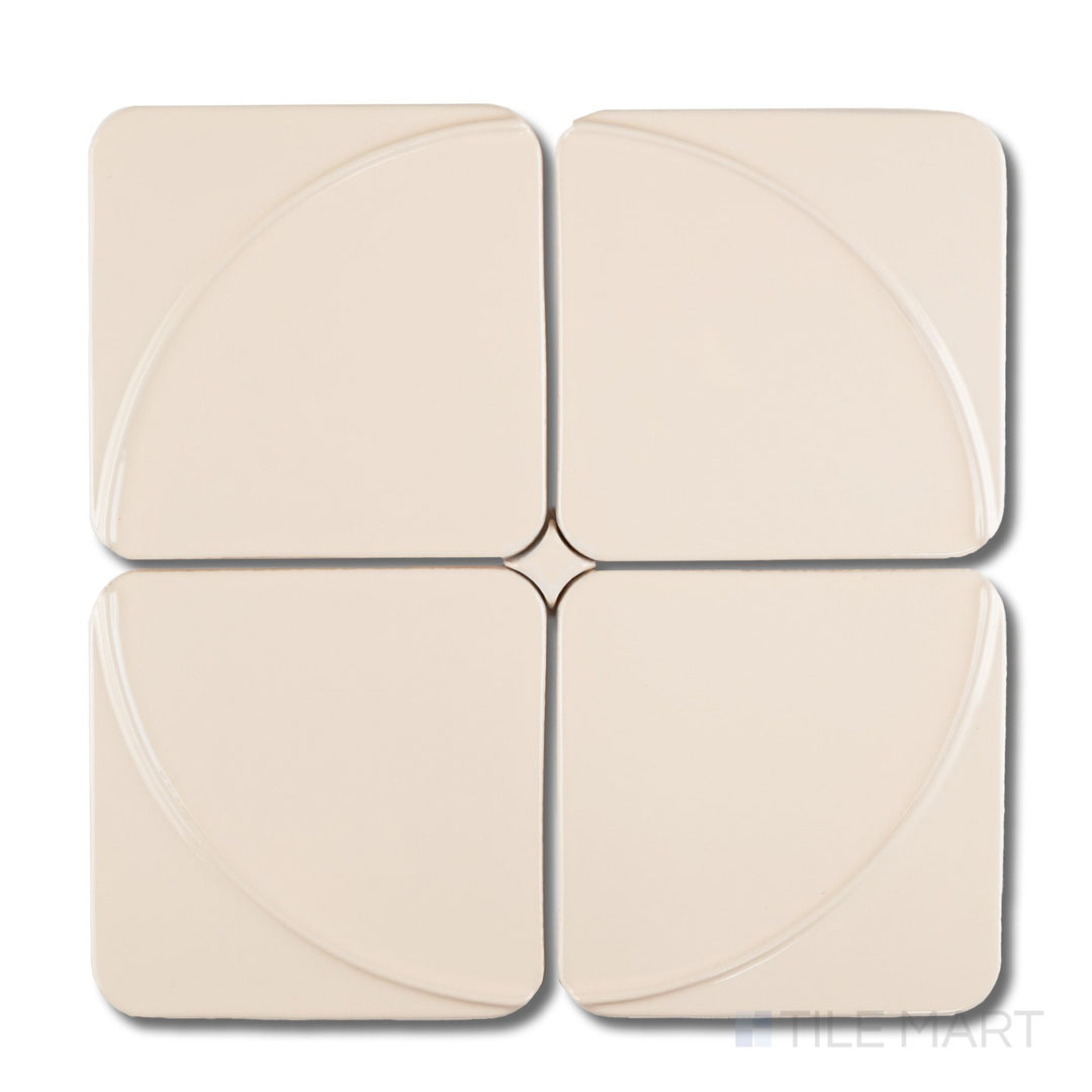 Four-piece layout of Curves Mandala Ivory 6x6 glossy ceramic tiles showcasing soft ivory glaze, mandala pattern, and curved corners