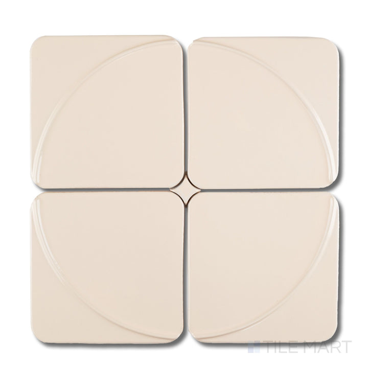 Four-piece layout of Curves Mandala Ivory 6x6 glossy ceramic tiles showcasing soft ivory glaze, mandala pattern, and curved corners