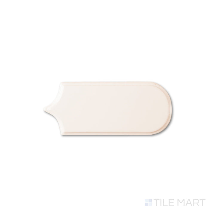 Top-down image of Curves Clara Ivory 2.5x6 glossy ceramic tile with a soft ivory gloss and clean linear form ideal for backsplashes
