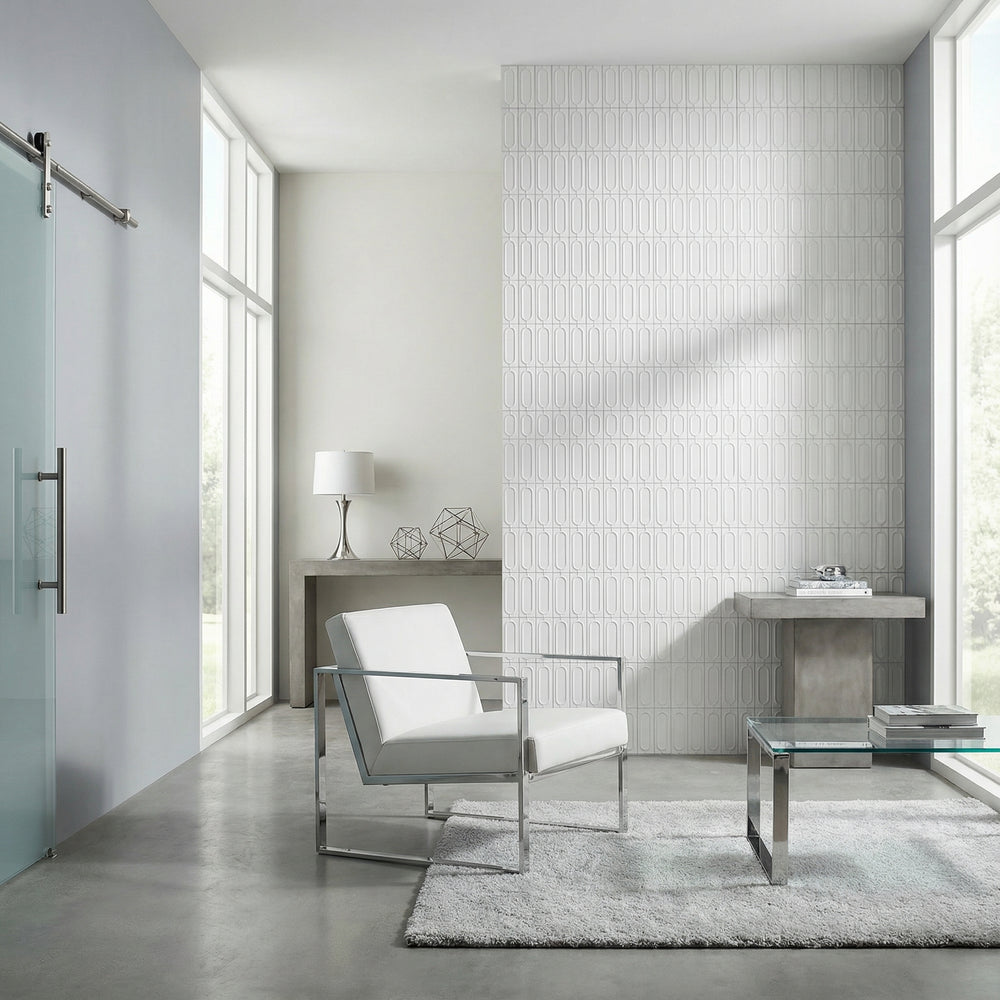 Decorative wall installation with Curves Sophee Ice 2.5x6 glossy ceramic tile, showing off its crisp surface and cool, glossy sheen