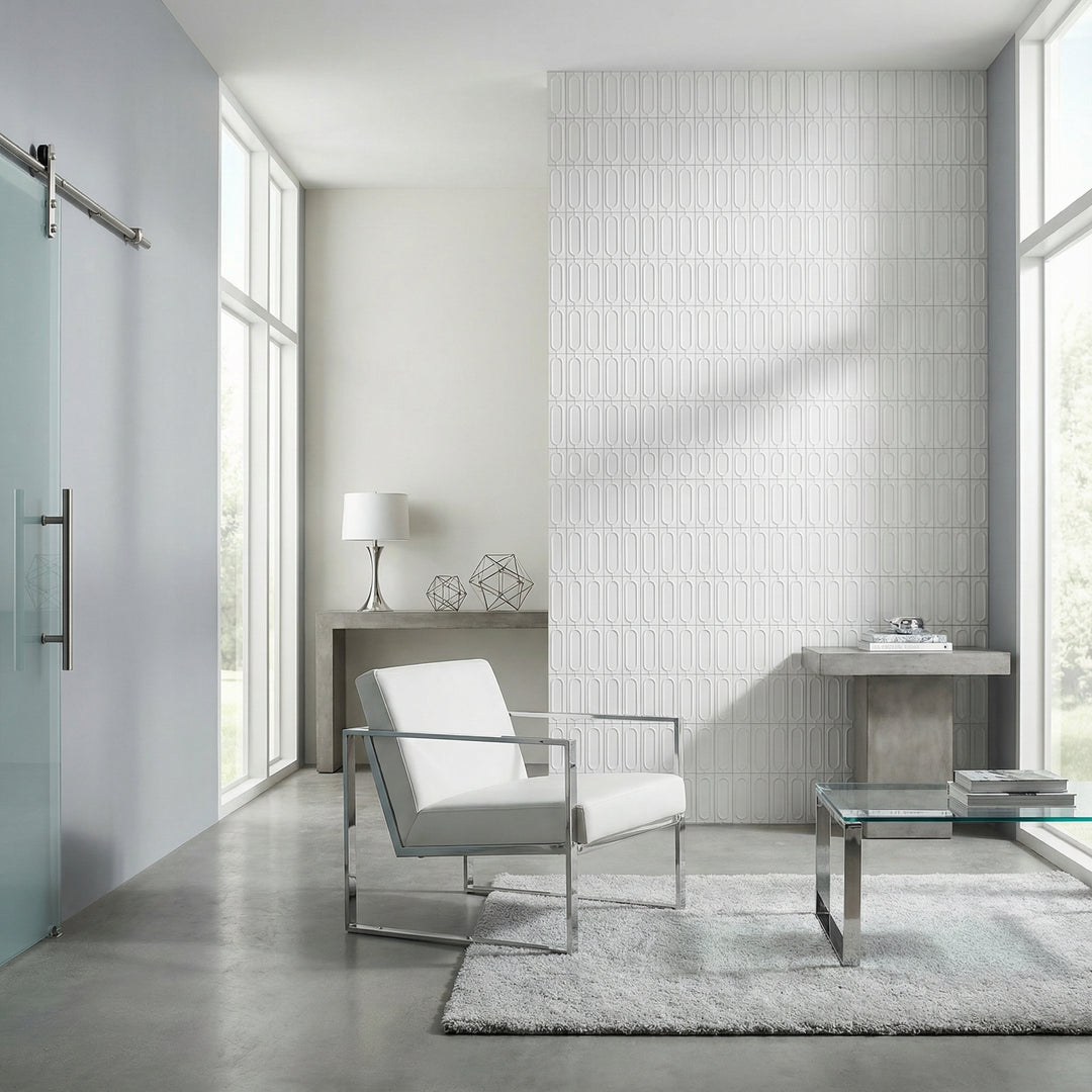 Decorative wall installation with Curves Sophee Ice 2.5x6 glossy ceramic tile, showing off its crisp surface and cool, glossy sheen