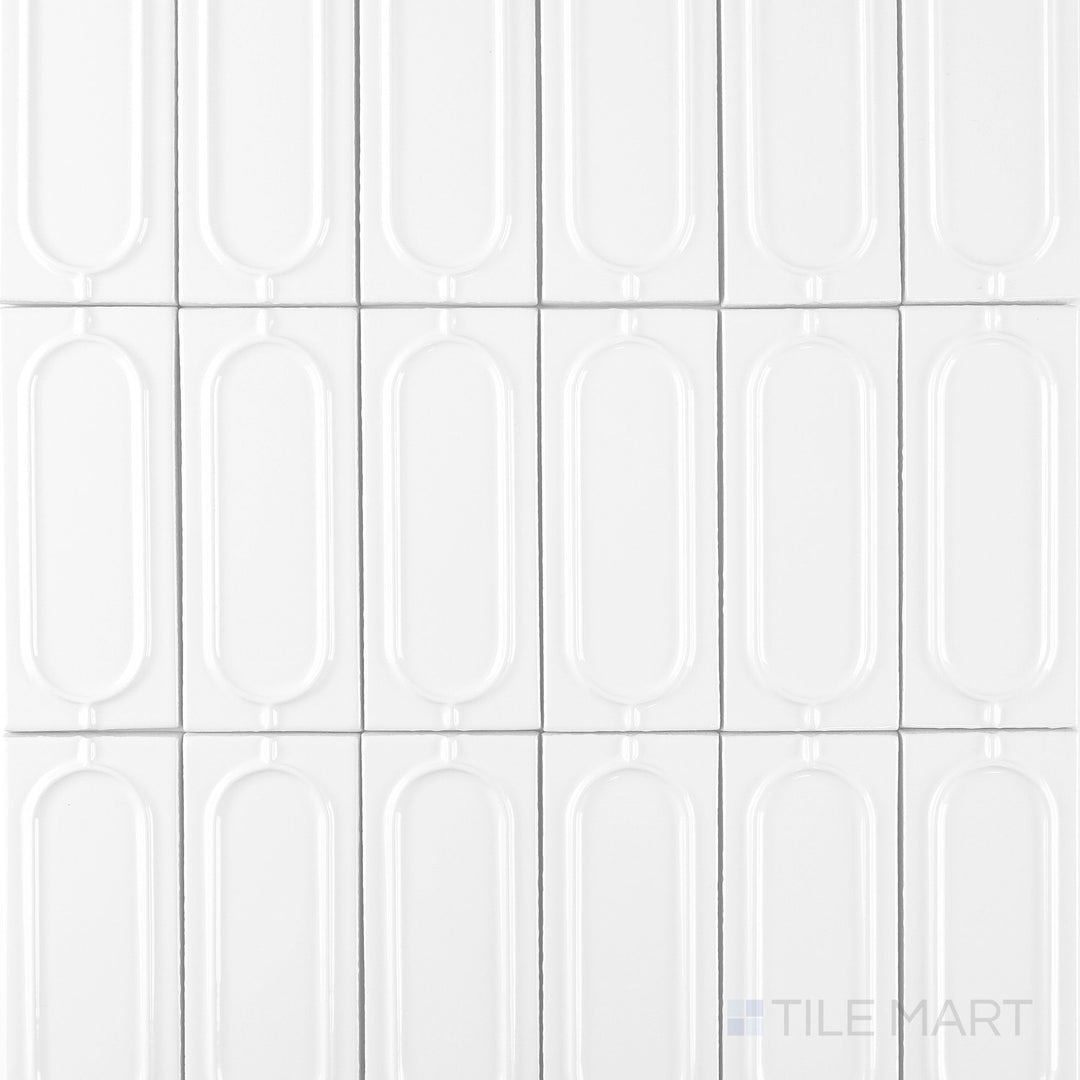 Overview image of Curves Sophee Ice 2.5x6 glossy ceramic tile displaying crisp, icy hue and elegant rectangular format