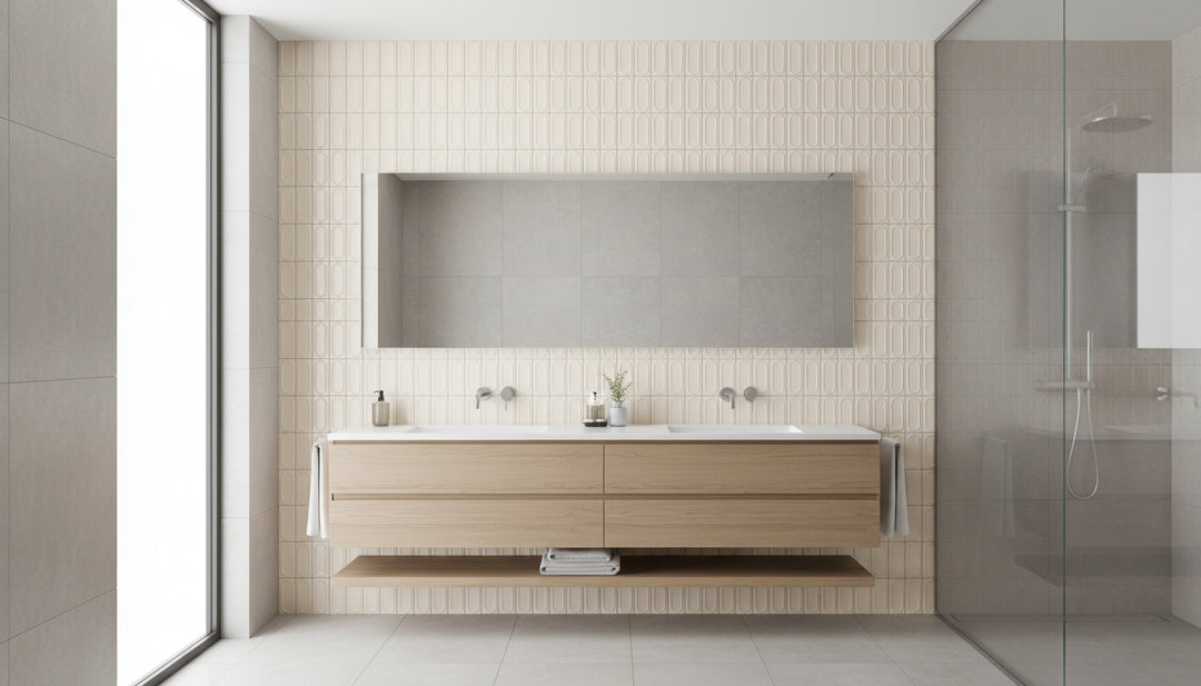 Real-world application of Curves Sophee Ivory 2.5x6 glossy ceramic tile, offering a warm, glossy finish and elegant rectangular style