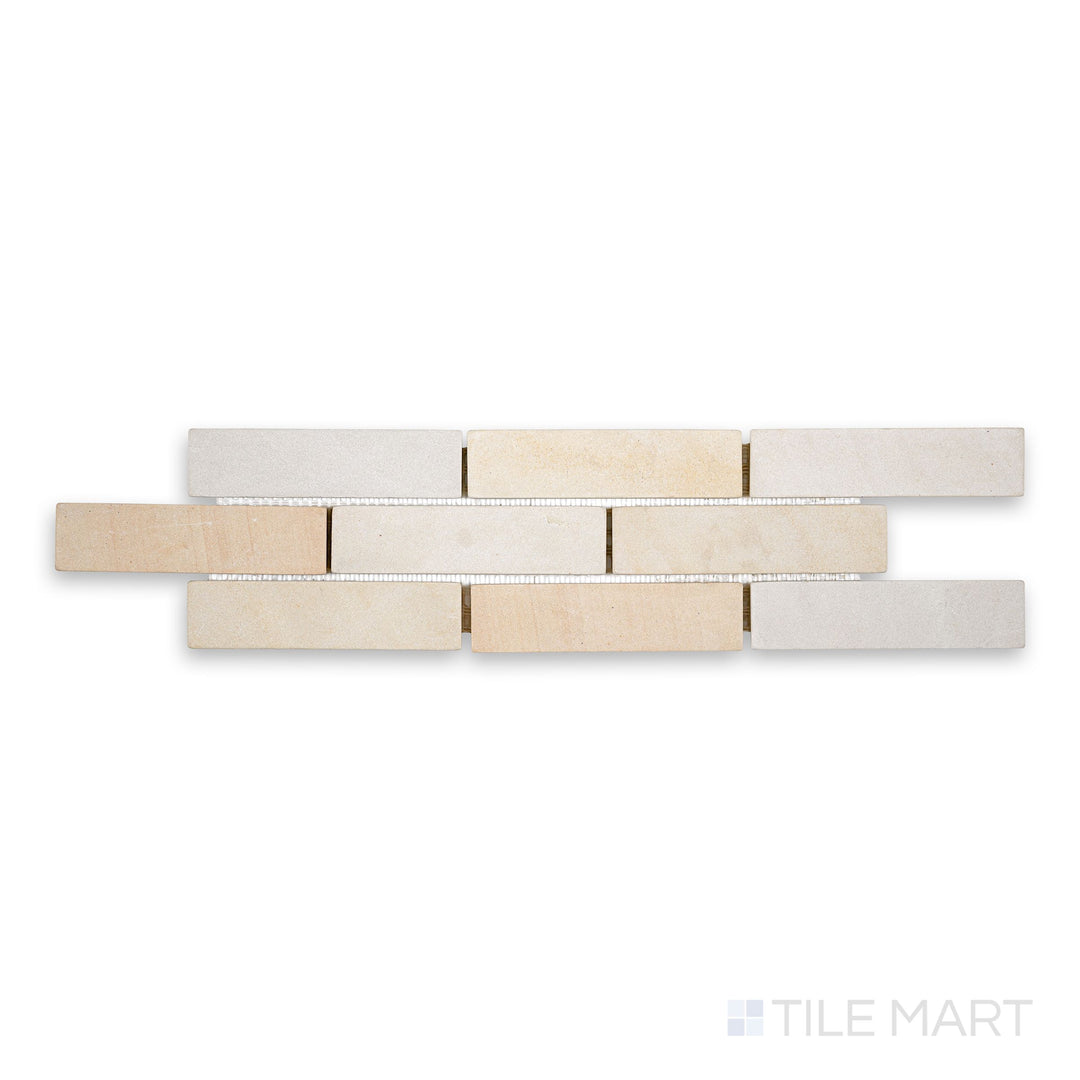 Top-down detail of Sedona thin brick sandstone mosaic on mesh showing warm tonal variation