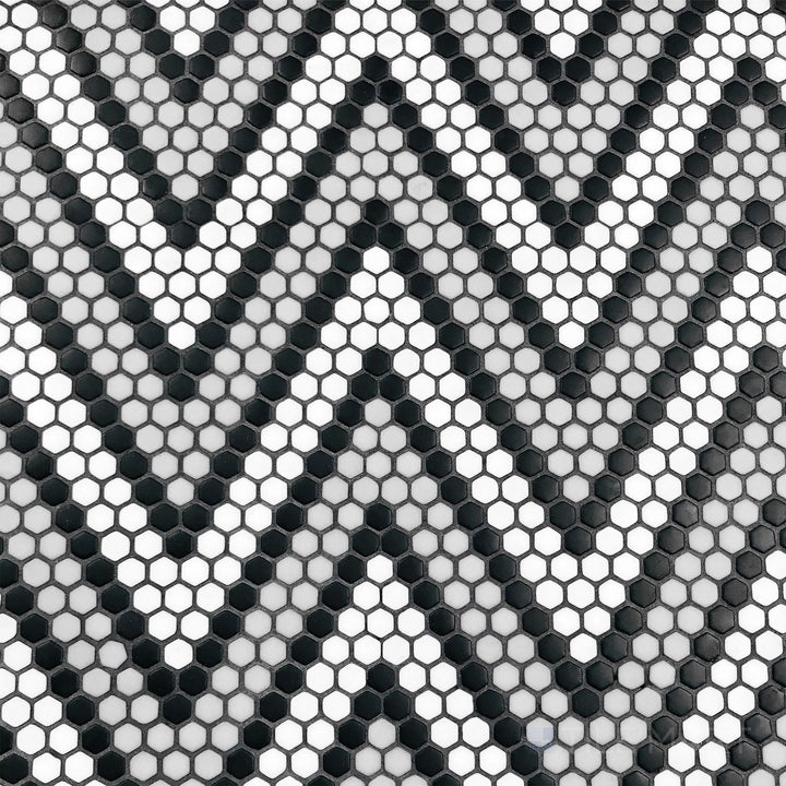 Top-down view of Geometro Amiens Classic 3/8" hexagon matte recycled glass mosaic, showcasing a timeless hexagonal pattern with a soft matte finish.