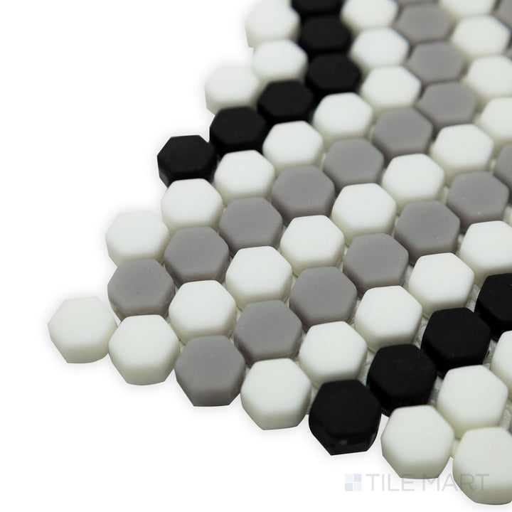 Geometro Belfort Classic 3/8" hexagon matte recycled glass mosaic captured in a stylish corner perspective, highlighting its eco-friendly recycled glass composition.