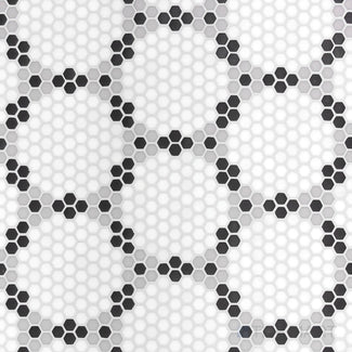 Top-view photo of Geometro Bourges Classic 3/8" hexagon matte recycled glass mosaic, displaying a geometric hexagonal arrangement with a refined matte finish.