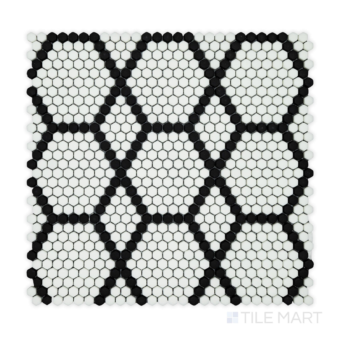 Zoomed-in perspective of Geometro Tulle Classic 3/8" Hexagon Matte Recycled Glass Mosaic, emphasizing its carefully arranged hexagons and smooth matte surface.