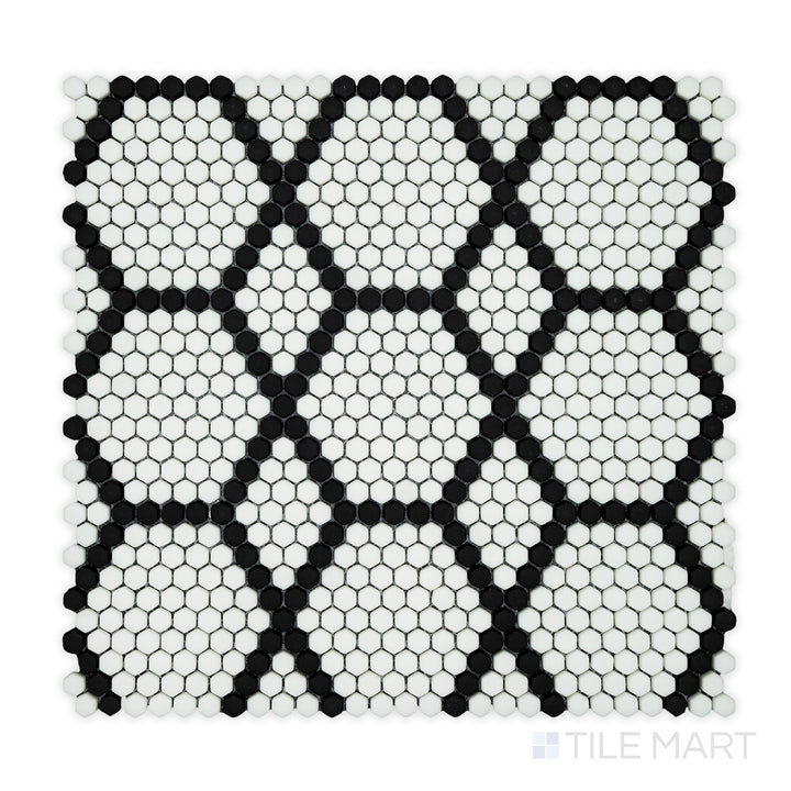 Zoomed-in perspective of Geometro Tulle Classic 3/8" Hexagon Matte Recycled Glass Mosaic, emphasizing its carefully arranged hexagons and smooth matte surface.