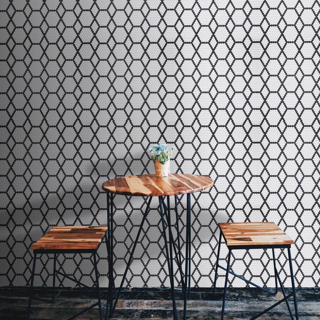 Geometro Tulle Classic hexagon mosaic features a matte recycled glass finish, offering a balanced blend of modern and vintage charm.