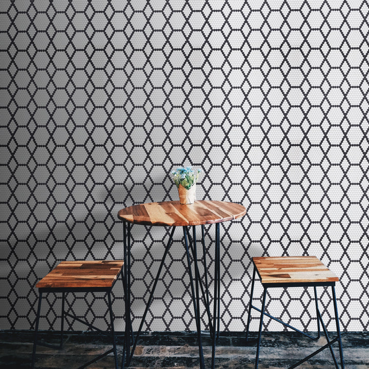 Geometro Tulle Classic hexagon mosaic features a matte recycled glass finish, offering a balanced blend of modern and vintage charm.