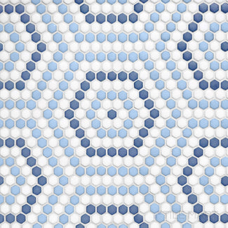 Flat-lay shot of Geometro Belfort Coastal 3/8" hexagon matte recycled glass mosaic, showcasing an intricate hexagonal arrangement with a modern matte surface.