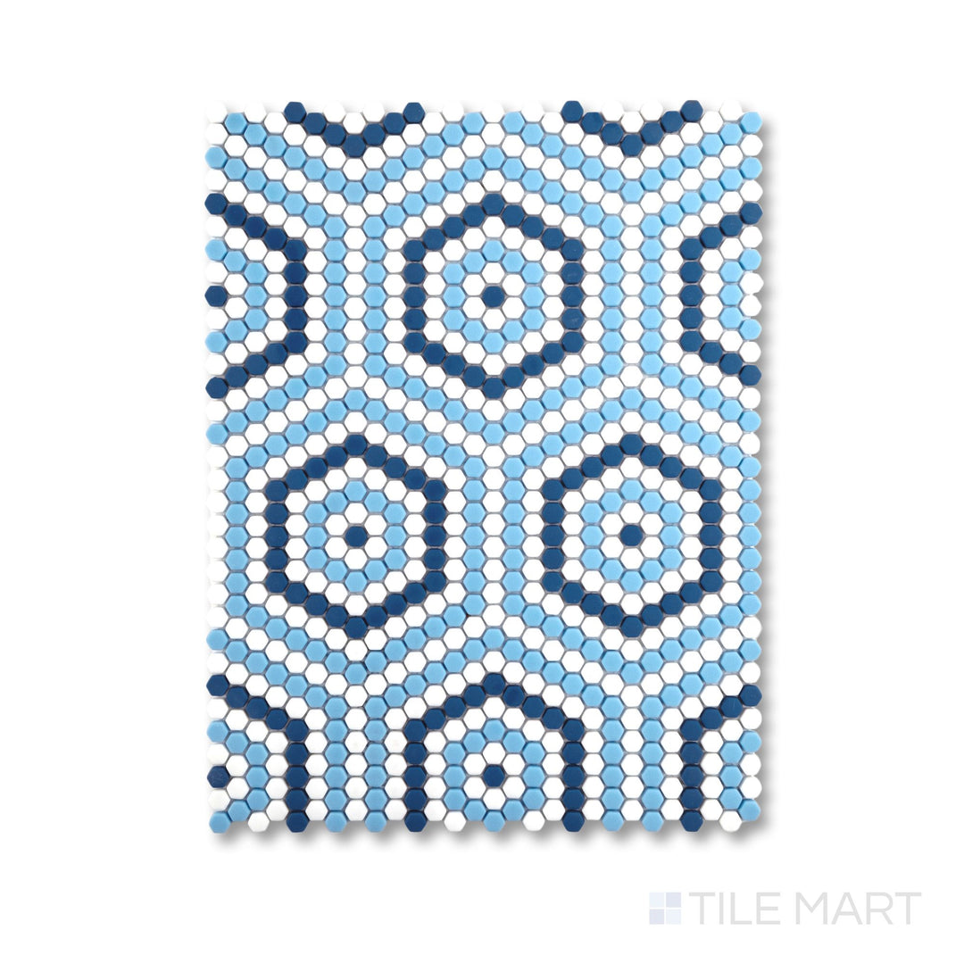 Close-up of Belfort Coastal hexagon recycled glass mosaic with matte finish and soft color blend