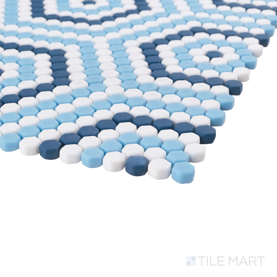 Corner view of Belfort Coastal hexagon recycled glass mosaic highlighting matte finish and soft color blend