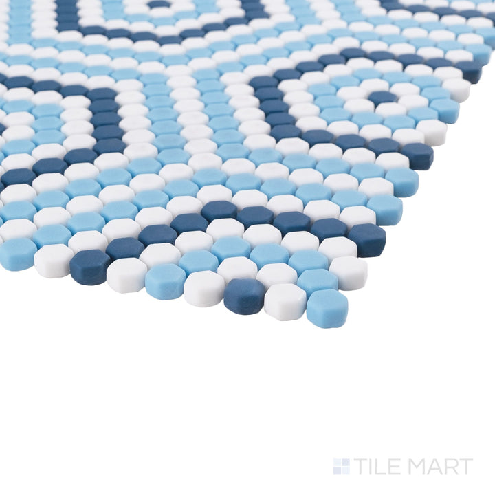 Corner view of Belfort Coastal hexagon recycled glass mosaic highlighting matte finish and soft color blend