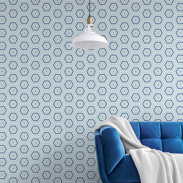 A natural coastal color palette combined with a geometric hexagon design creates a dynamic yet subtle statement with Geometro Belfort Coastal 3/8" hexagon matte recycled glass mosaic.