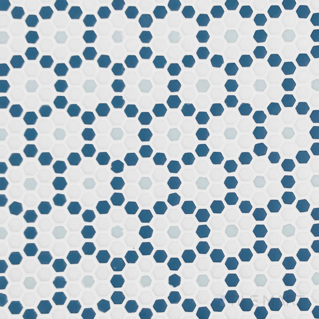 Top-down view of Geometro Dijon Coastal 3/8" hexagon matte recycled glass mosaic, featuring a refined hexagonal pattern with a coastal-inspired matte finish.