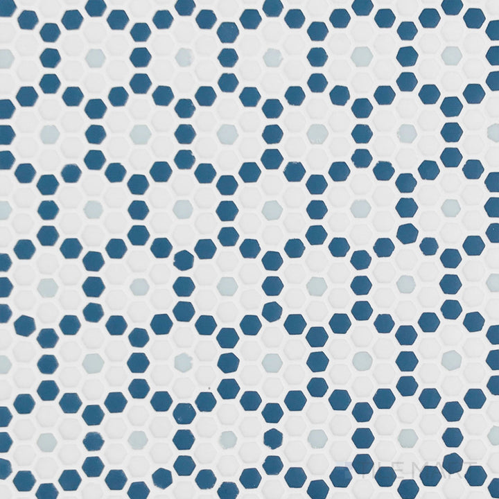 Top-down view of Geometro Dijon Coastal 3/8" hexagon matte recycled glass mosaic, featuring a refined hexagonal pattern with a coastal-inspired matte finish.