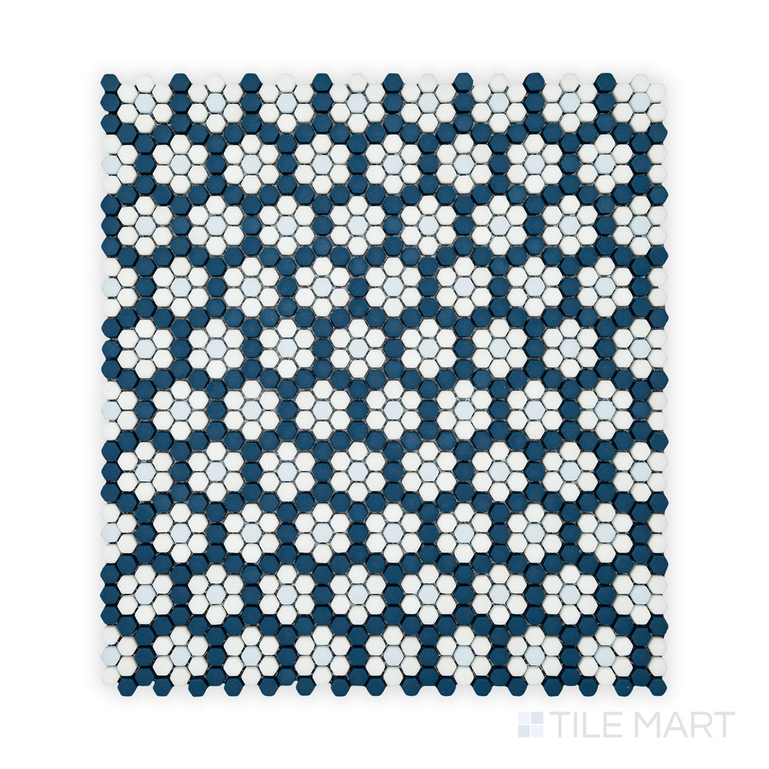 A refined close-up of Geometro Dijon Coastal 3/8" Hexagon Matte Recycled Glass Mosaic, highlighting its intricate hexagonal pattern and smooth matte finish.