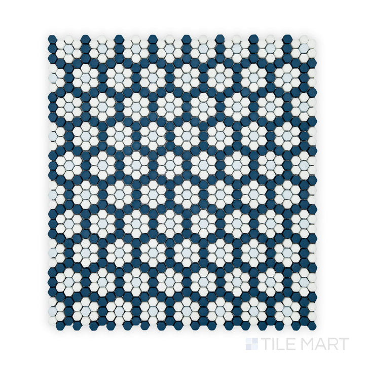 A refined close-up of Geometro Dijon Coastal 3/8" Hexagon Matte Recycled Glass Mosaic, highlighting its intricate hexagonal pattern and smooth matte finish.