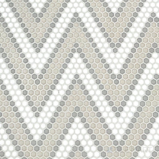 Flat-lay shot of Geometro Amiens Country 3/8" hexagon matte recycled glass mosaic, highlighting a rustic hexagonal layout with an earthy matte surface.