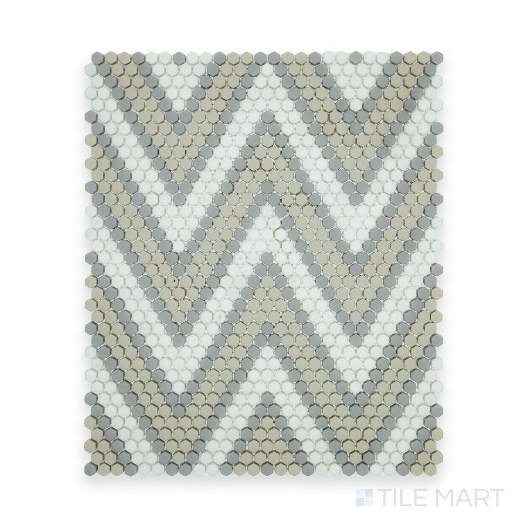 Detailed view of Geometro Amiens Country 3/8" Hexagon Matte Recycled Glass Mosaic, highlighting the precise hexagon pattern and smooth matte texture.