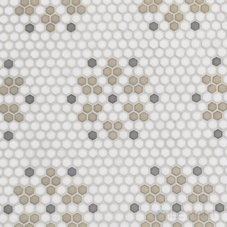 Top-view photo of Geometro Bayeux Country 3/8" hexagon matte recycled glass mosaic, displaying a geometric hexagonal arrangement with a classic matte texture.