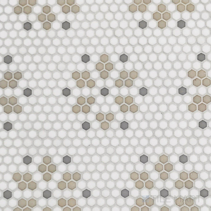 Top-view photo of Geometro Bayeux Country 3/8" hexagon matte recycled glass mosaic, displaying a geometric hexagonal arrangement with a classic matte texture.
