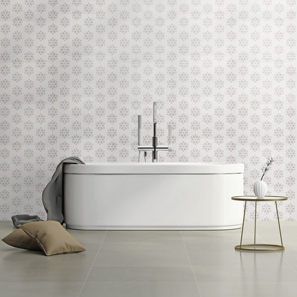 A real-life space featuring Geometro Bayeux Country 3/8" hexagon matte recycled glass mosaic, blending rustic charm with a contemporary layout.