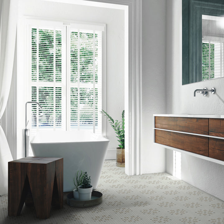 A warm country-inspired color palette and a matte recycled glass finish make Geometro Bayeux Country hexagon mosaic a rustic yet elegant choice.