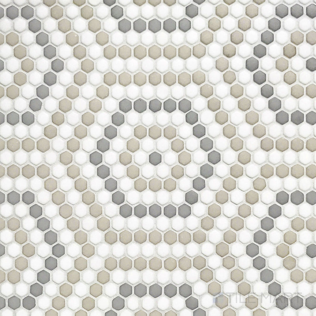 Overhead shot of Geometro Belfort Country 3/8" hexagon matte recycled glass mosaic, featuring a precisely cut hexagonal pattern with a smooth matte finish.