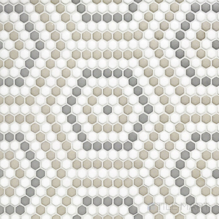Overhead shot of Geometro Belfort Country 3/8" hexagon matte recycled glass mosaic, featuring a precisely cut hexagonal pattern with a smooth matte finish.
