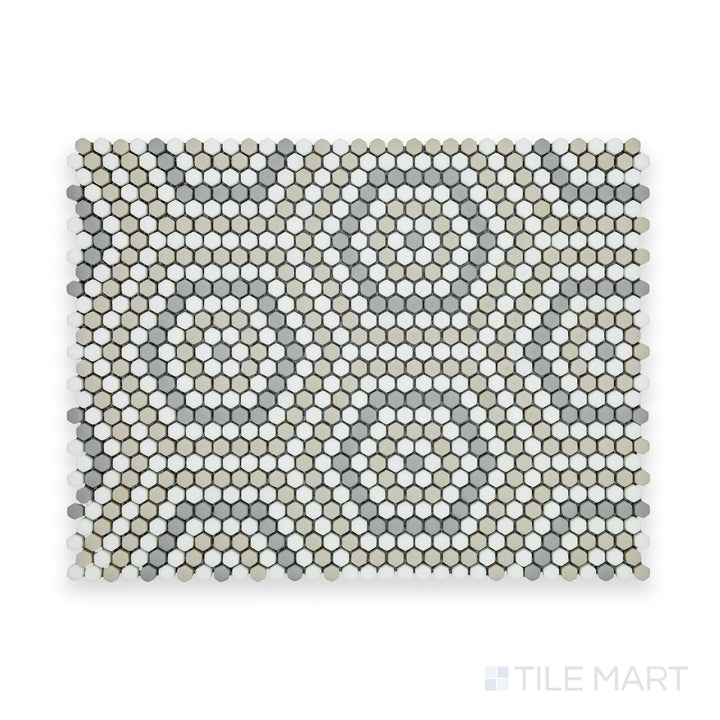 A close-up perspective of Geometro Belfort Country 3/8" Hexagon Matte Recycled Glass Mosaic, emphasizing its structured hexagon pattern and subtle matte sheen.