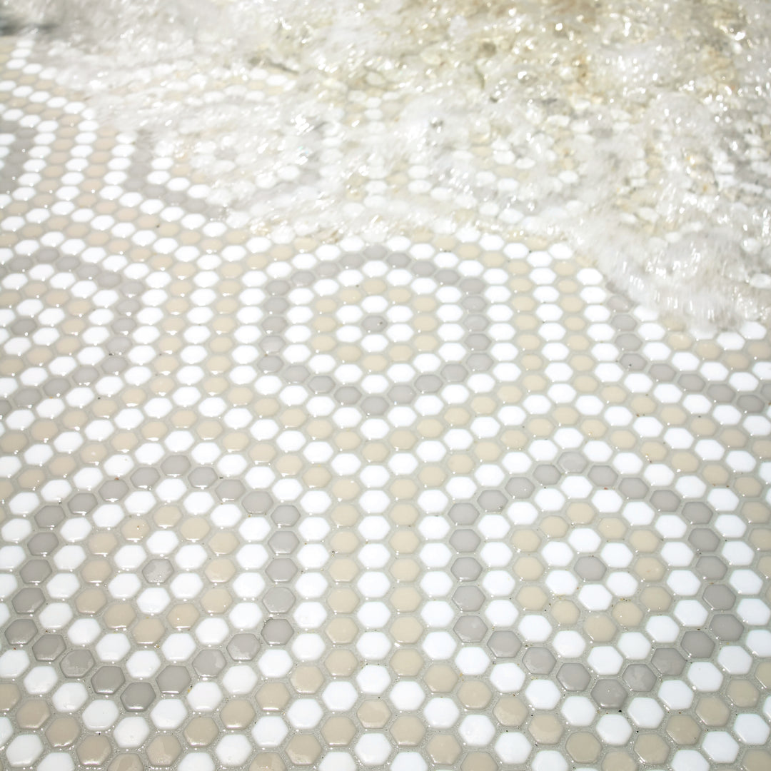 Close-up of hexagonal stone tiles with a patterned layout