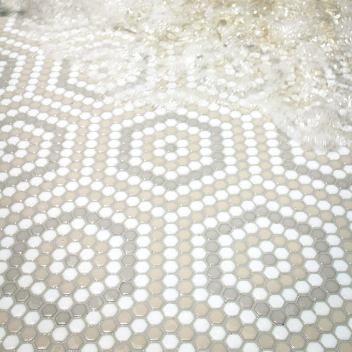 Close-up of hexagonal stone tiles with a patterned layout