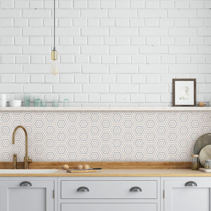 Geometro Belfort Country hexagon mosaic combines earthy tones with a matte recycled glass texture for a naturally inviting aesthetic.