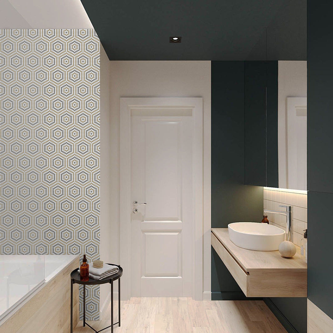 Earthy undertones and a matte hexagonal layout blend seamlessly, delivering a timeless look with Geometro Belfort Country 3/8" hexagon matte recycled glass mosaic.
