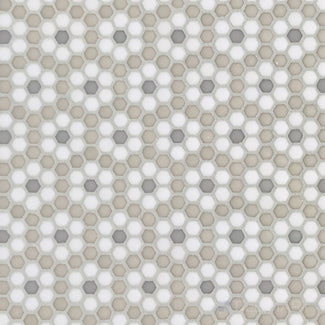 Top-down view of Geometro Dijon Country 3/8" hexagon matte recycled glass mosaic, showcasing a timeless hexagonal pattern with a neutral matte finish.