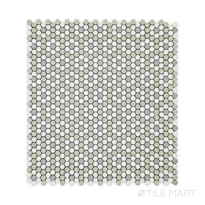 Zoomed-in shot of Geometro Dijon Country 3/8" Hexagon Matte Recycled Glass Mosaic, focusing on its clean hexagonal formation and velvety matte texture.