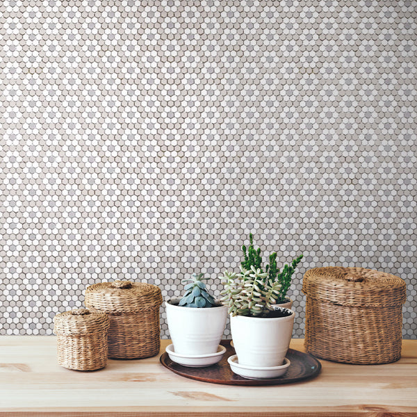 A beautifully designed room integrating Geometro Dijon Country 3/8" hexagon matte recycled glass mosaic, showcasing its timeless elegance in a real-world setting.