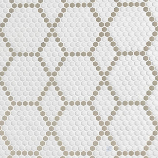 Overhead image of Geometro Tulle Country 3/8" hexagon matte recycled glass mosaic, displaying an elegant hexagonal structure with a soft matte touch.
