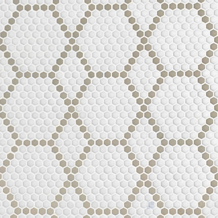 Overhead image of Geometro Tulle Country 3/8" hexagon matte recycled glass mosaic, displaying an elegant hexagonal structure with a soft matte touch.